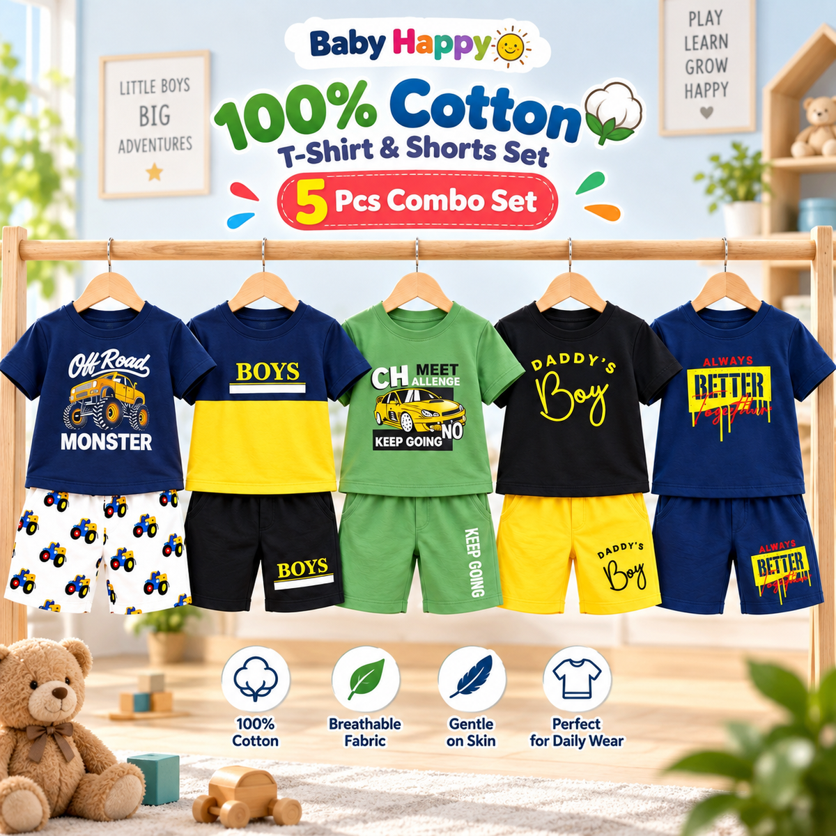 Cotton T-Shirt & Shorts 5-Piece Combo Set for Kids