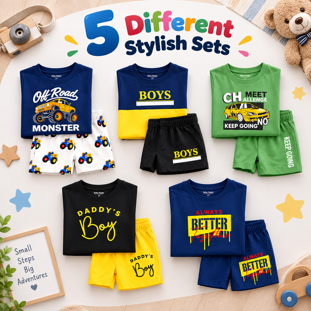 Cotton T-Shirt & Shorts 5-Piece Combo Set for Kids
