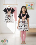 Girls black teddy bear heart print frock with pink leggings set