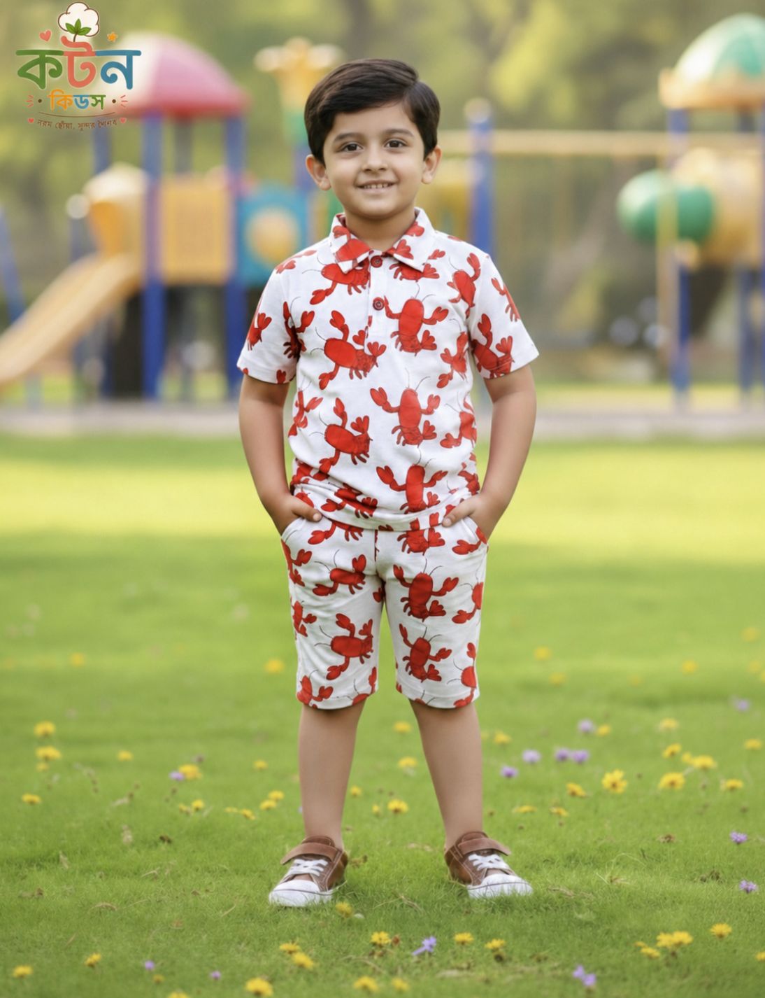 Boys white red lobster print polo shirt and shorts set