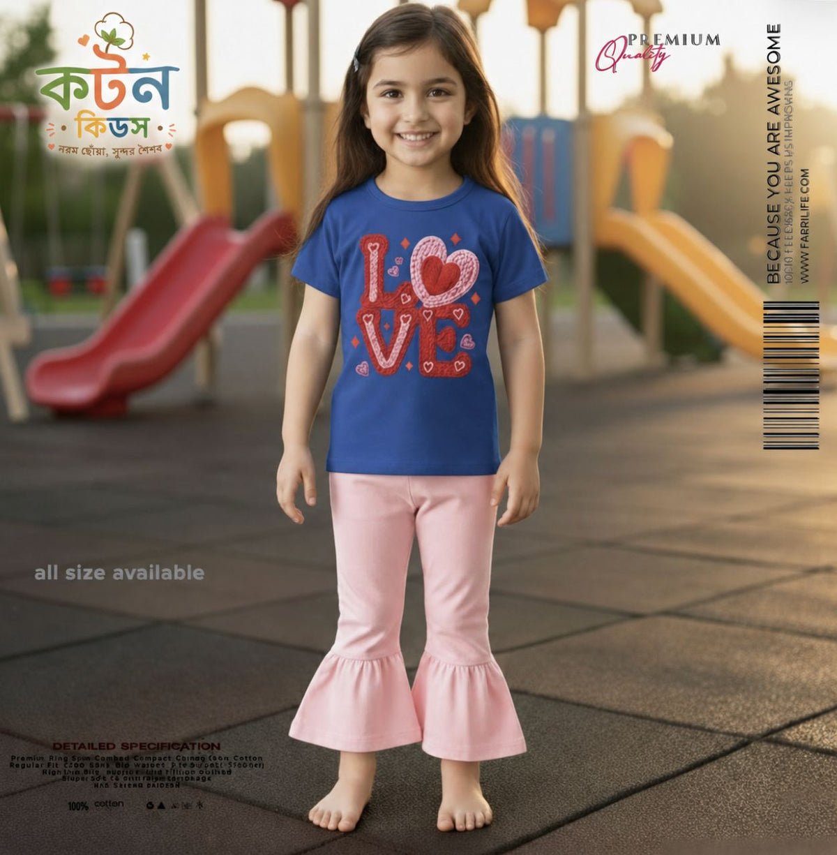 Girls blue LOVE print t-shirt with pink bell bottom pants set