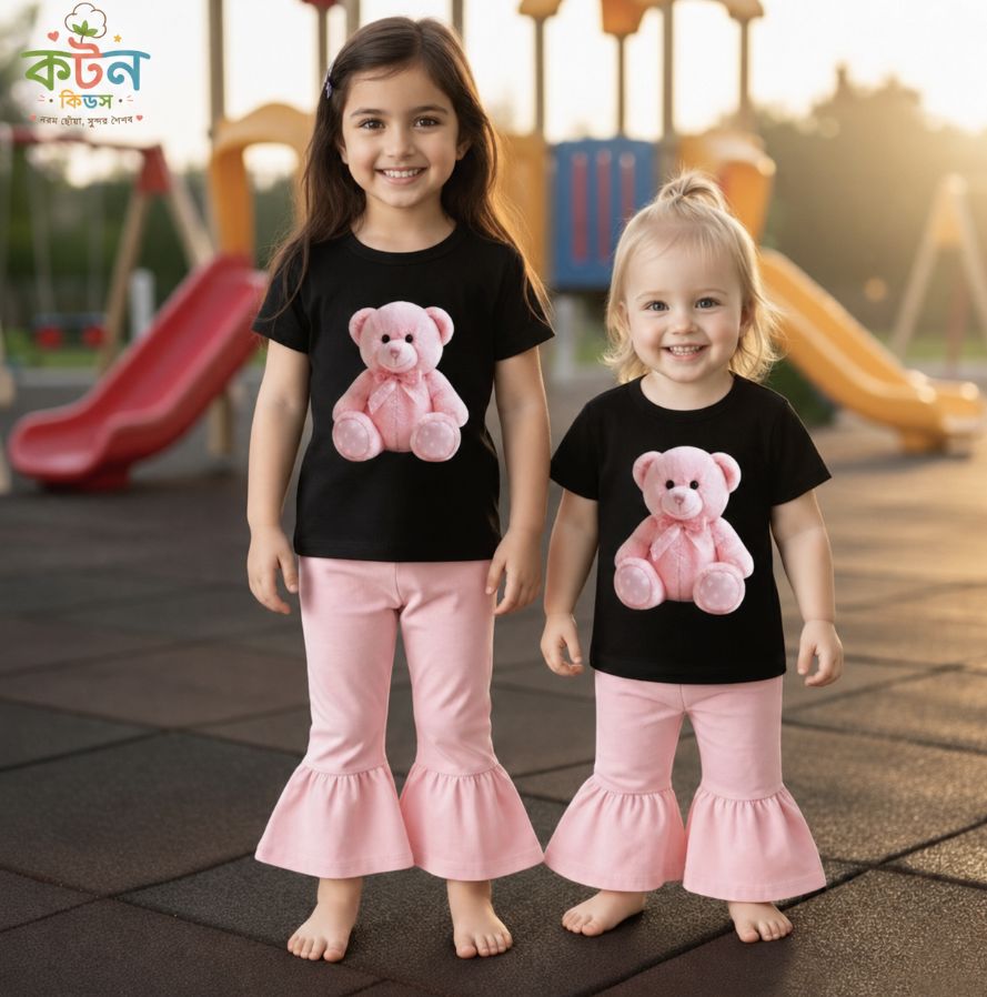 Girls black pink teddy bear t-shirt with pink ruffle bell pants set