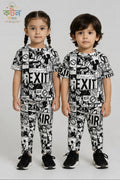 Kids black and white EXIT comic print t-shirt and pant set