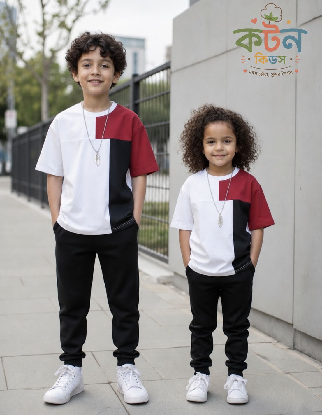 Kids white maroon black colorblock oversized t-shirt with black jogger set
