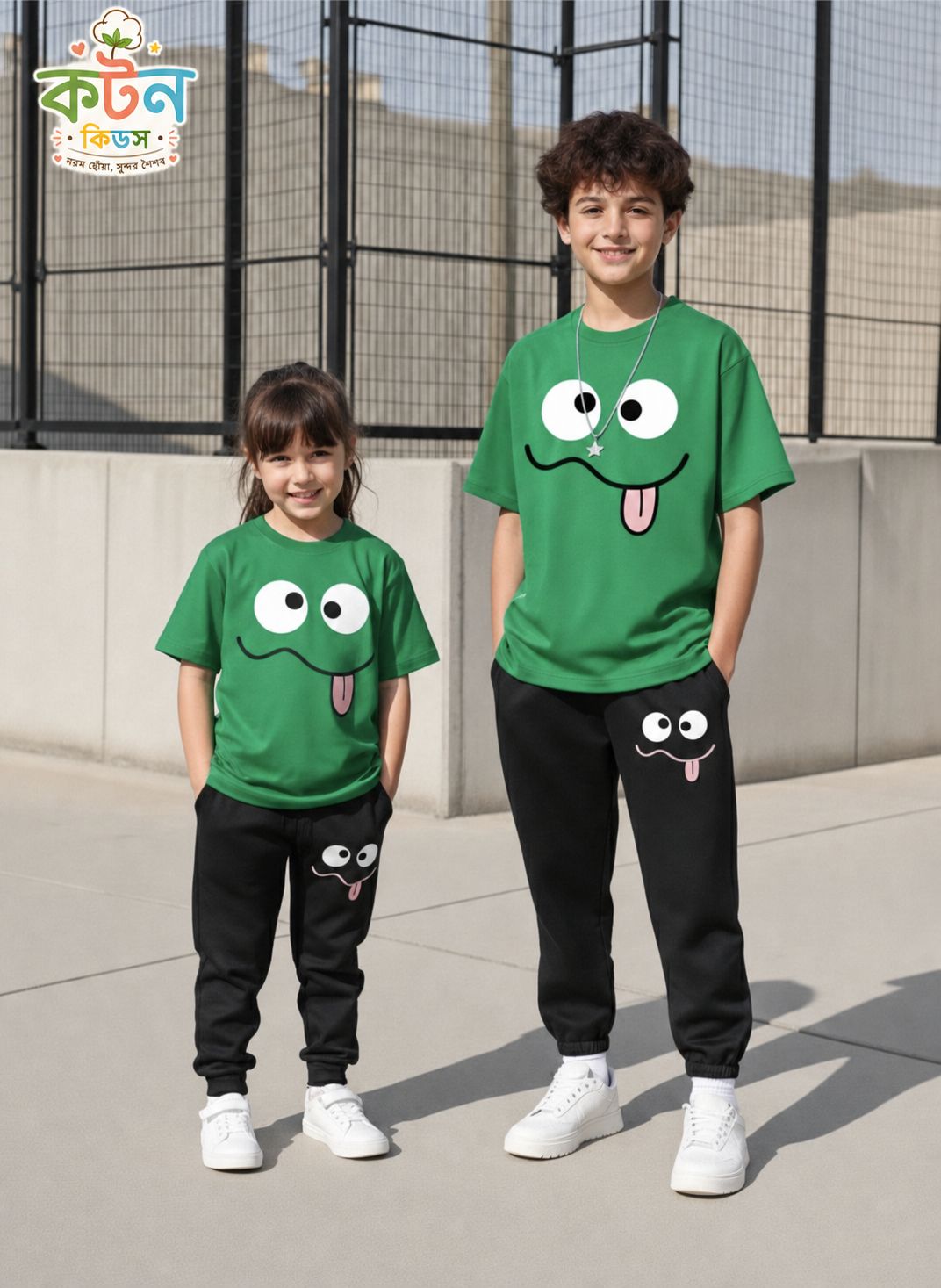 Kids green funny face print t-shirt with black jogger set