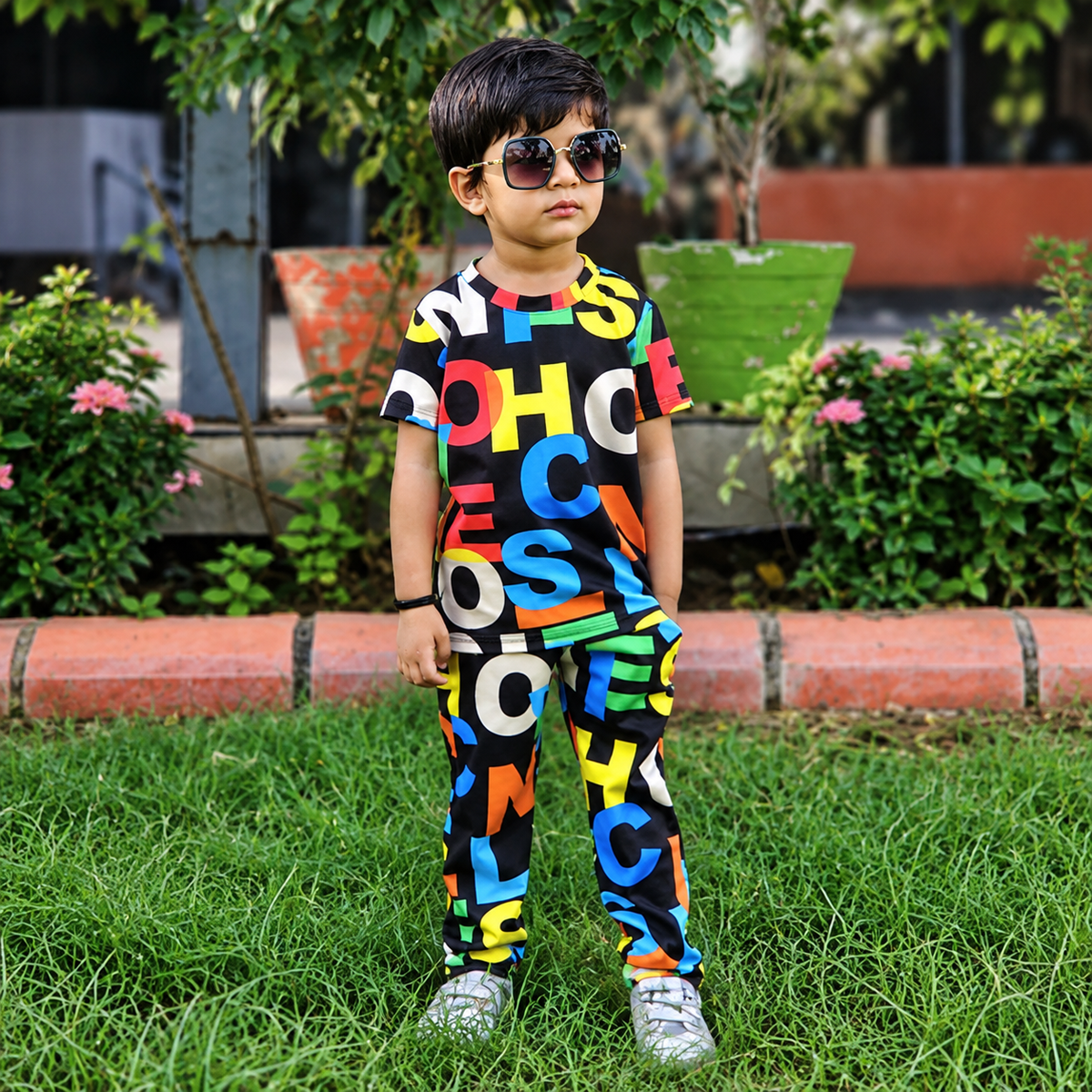 Colorful Alphabet Print T-Shirt & Pant Set